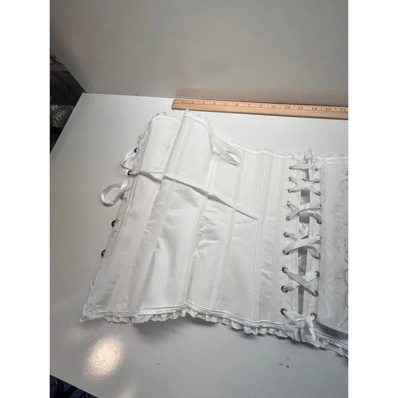 White Brocade Corset Bustier Lace Trim Ribbon Tie Boned Cincher Wtchycore Small - Picture 7 of 7
